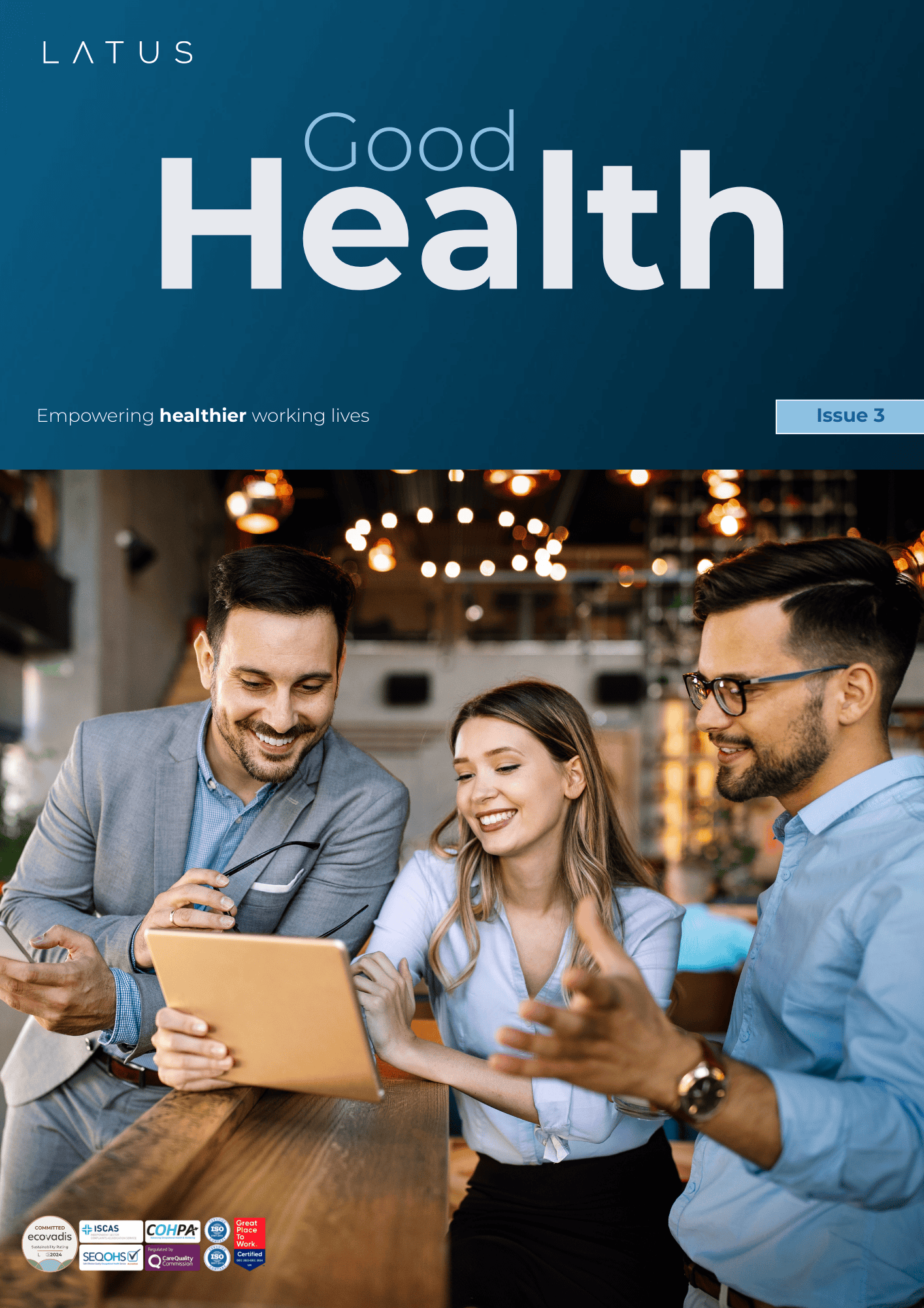 Team of professionals collaborating on a tablet in a modern office setting.