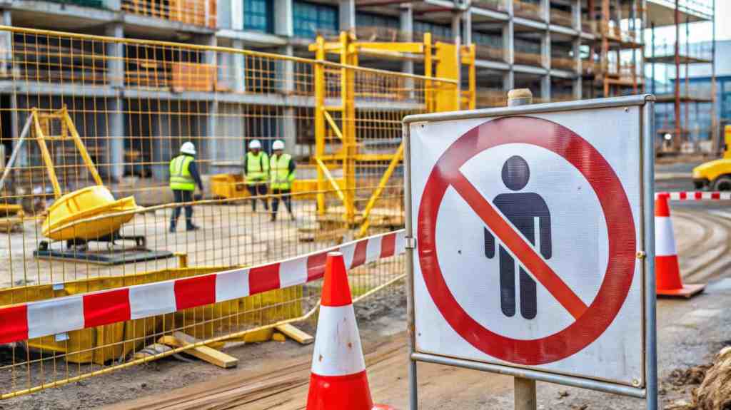 Construction site with safety barriers and a no-entry sign for personnel.