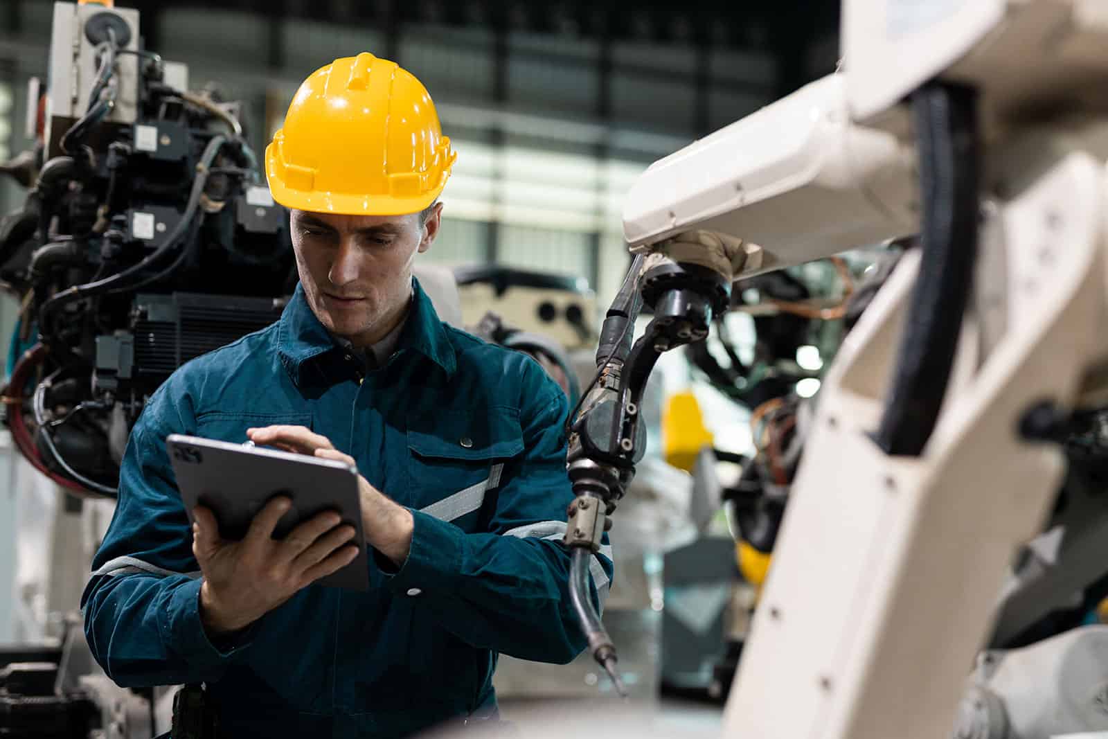 Industrial worker inspecting robotic machinery in engineering environment.