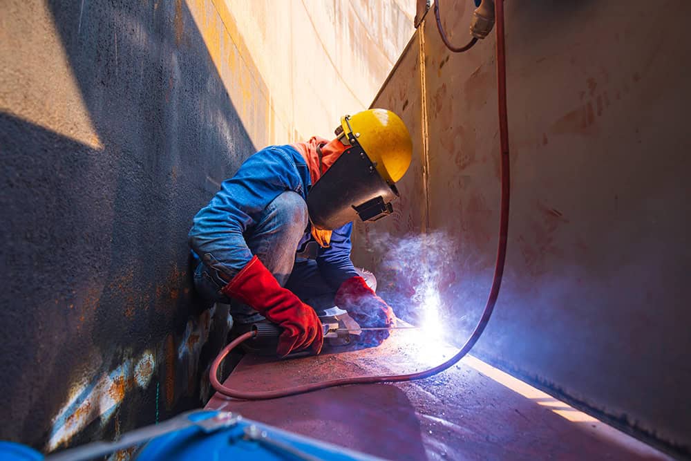 Worker welding in a confined space with safety gear for medical equipment production.