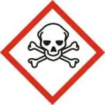 Hazard warning sign with skull and crossbones symbol for skin safety.