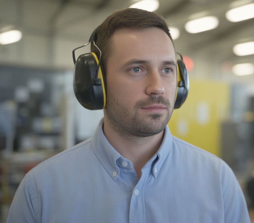 Man wearing noise protection headphones conducting a noise survey assessment.