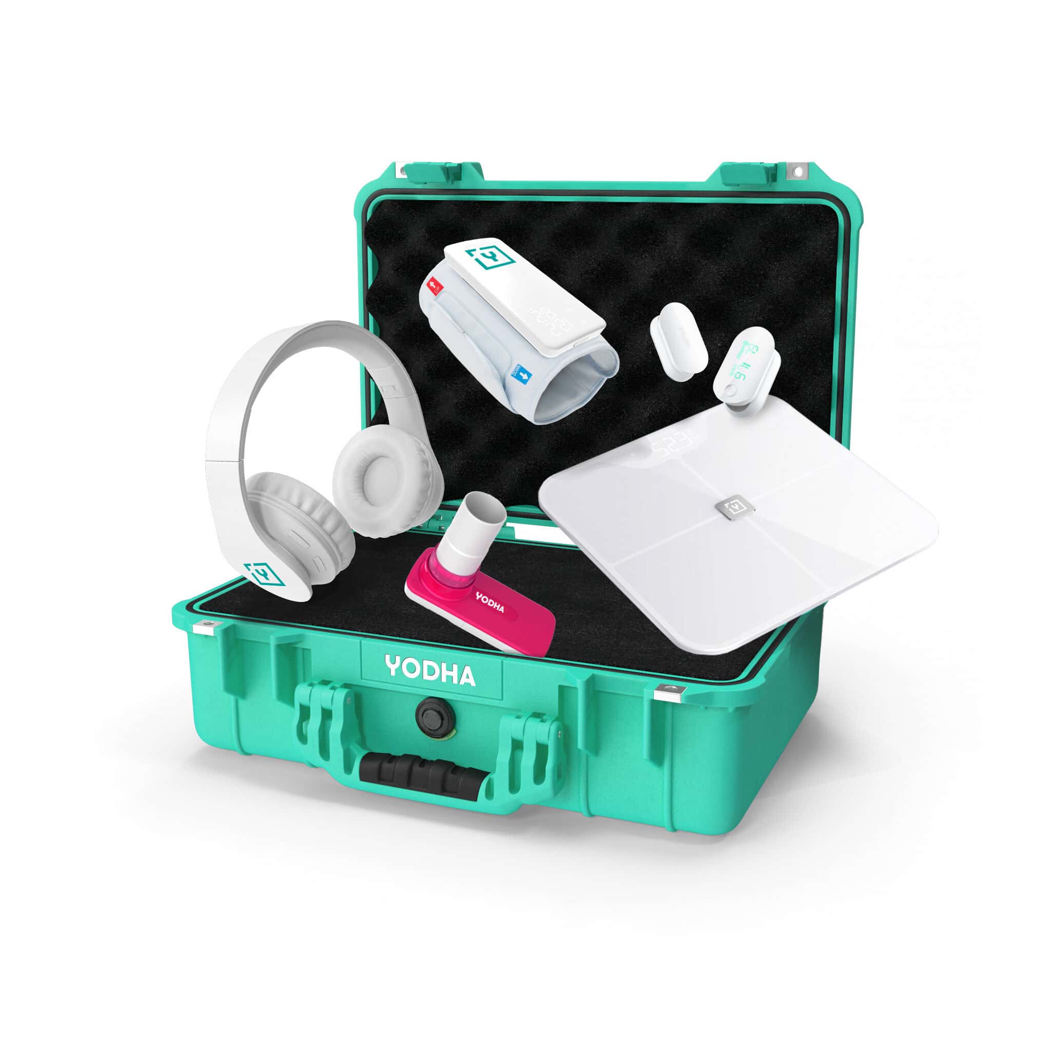 Portable health screening device with headphones and testing tools for pre-employment checks.
