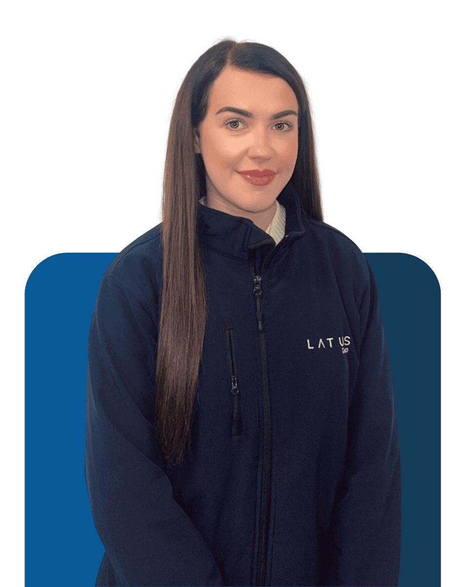 Professional woman in LATUS Group uniform for team introduction.