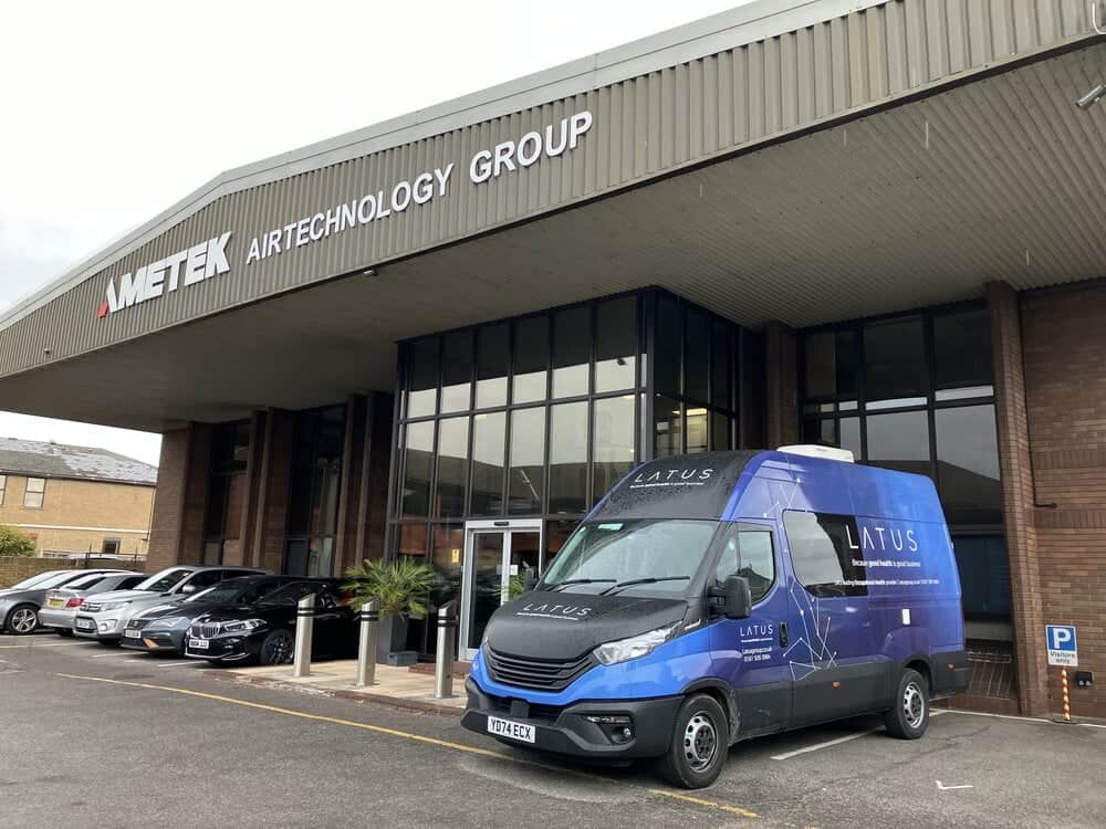 LATUS Group delivery van outside AIRTEK Technology Group building in the UK.