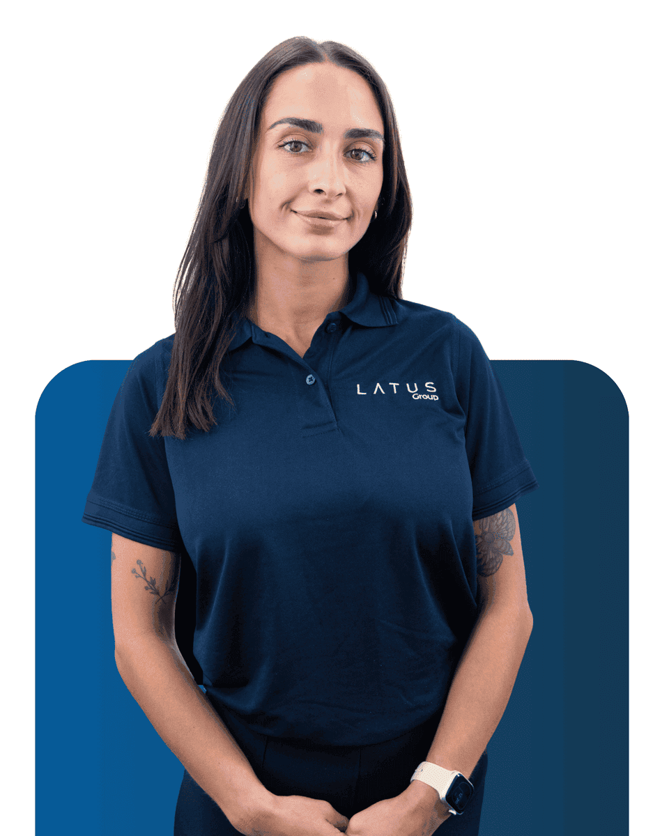 Professional woman in LATUS Group uniform for Meet the team page.