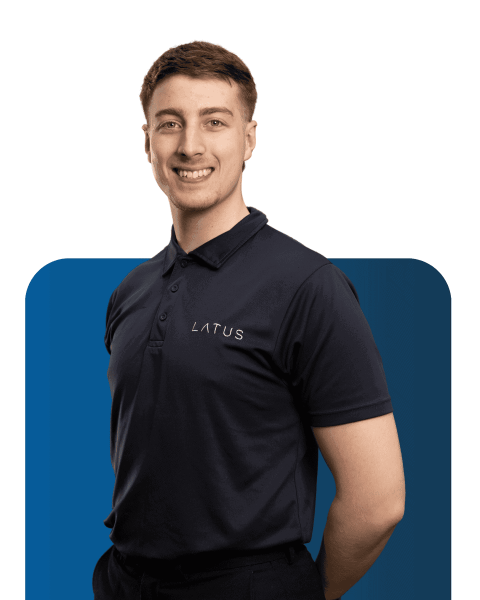 Professional team member wearing LATUS branded polo shirt for Meet the team.