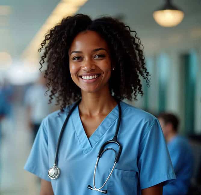 Aviation industry professional in medical scrubs with stethoscope, smiling confidently.