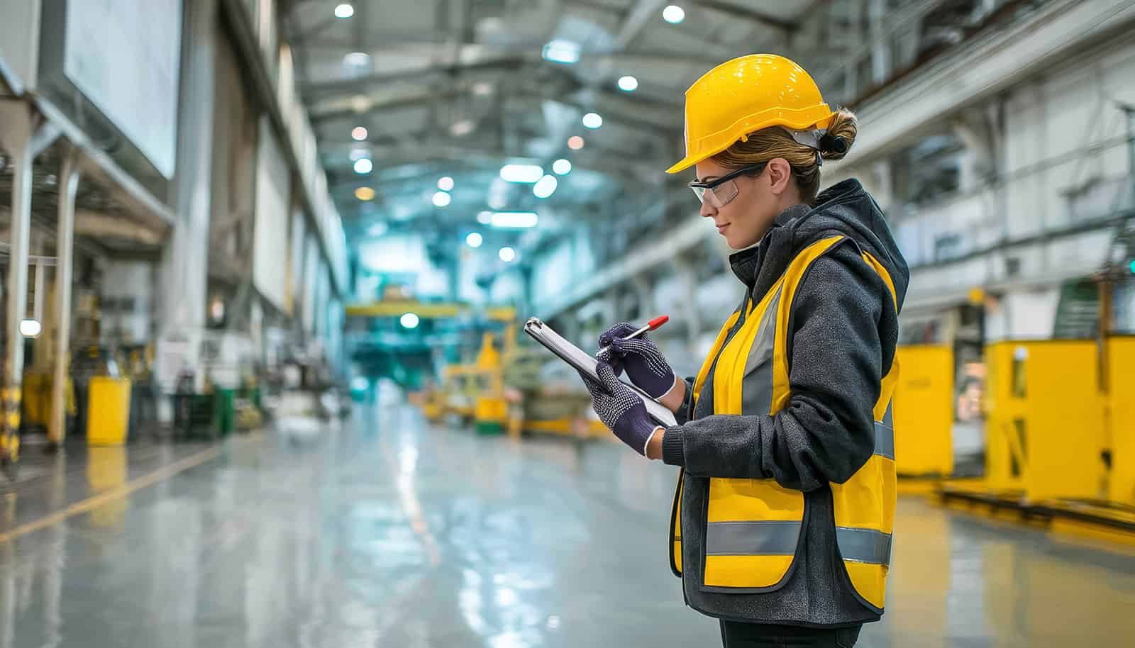 Industrial worker inspecting equipment in a factory setting with safety gear.