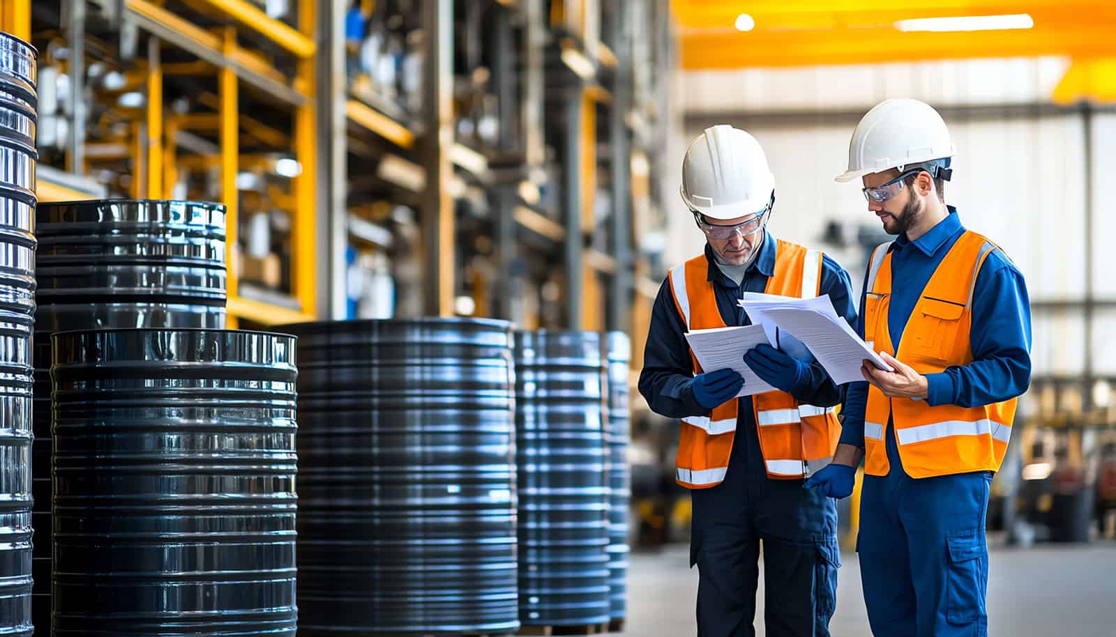 Industrial workers reviewing plans during workplace needs analysis in a warehouse.