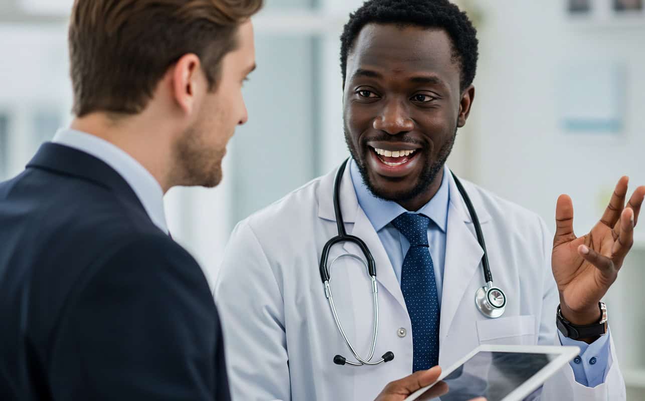 Doctor consulting with a patient using a tablet in a medical setting.