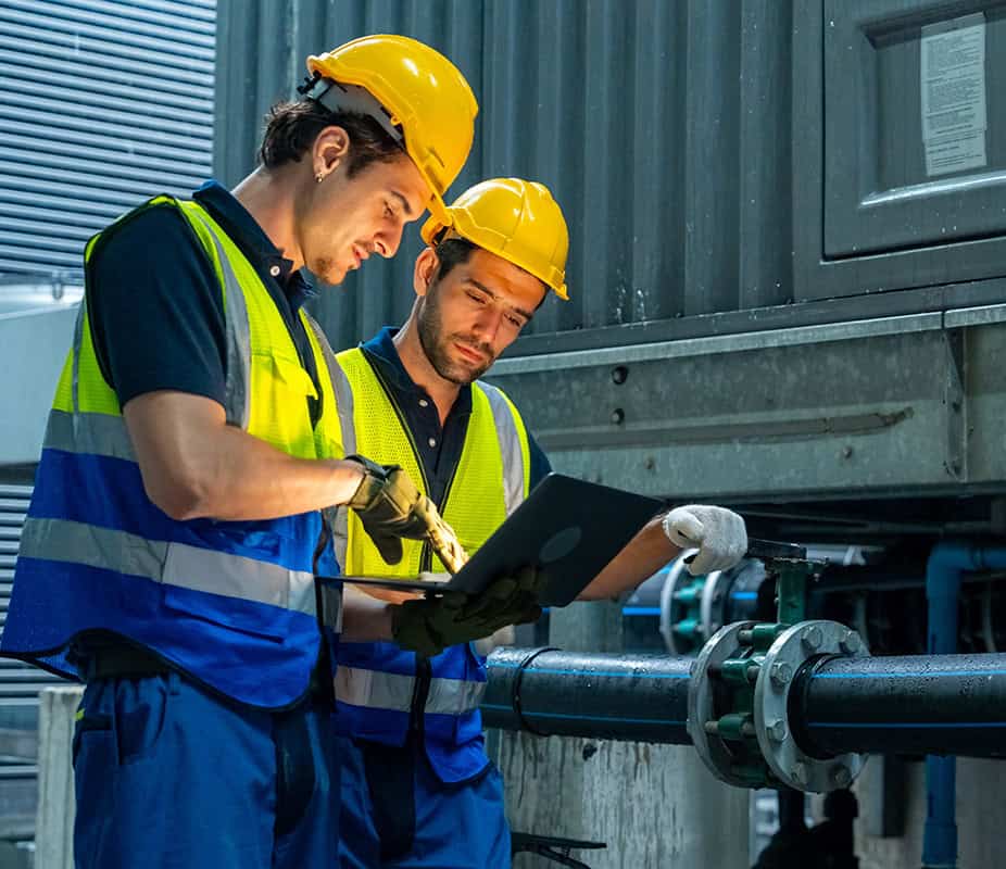 Occupational hygiene professionals inspecting industrial equipment and piping for safety compliance.