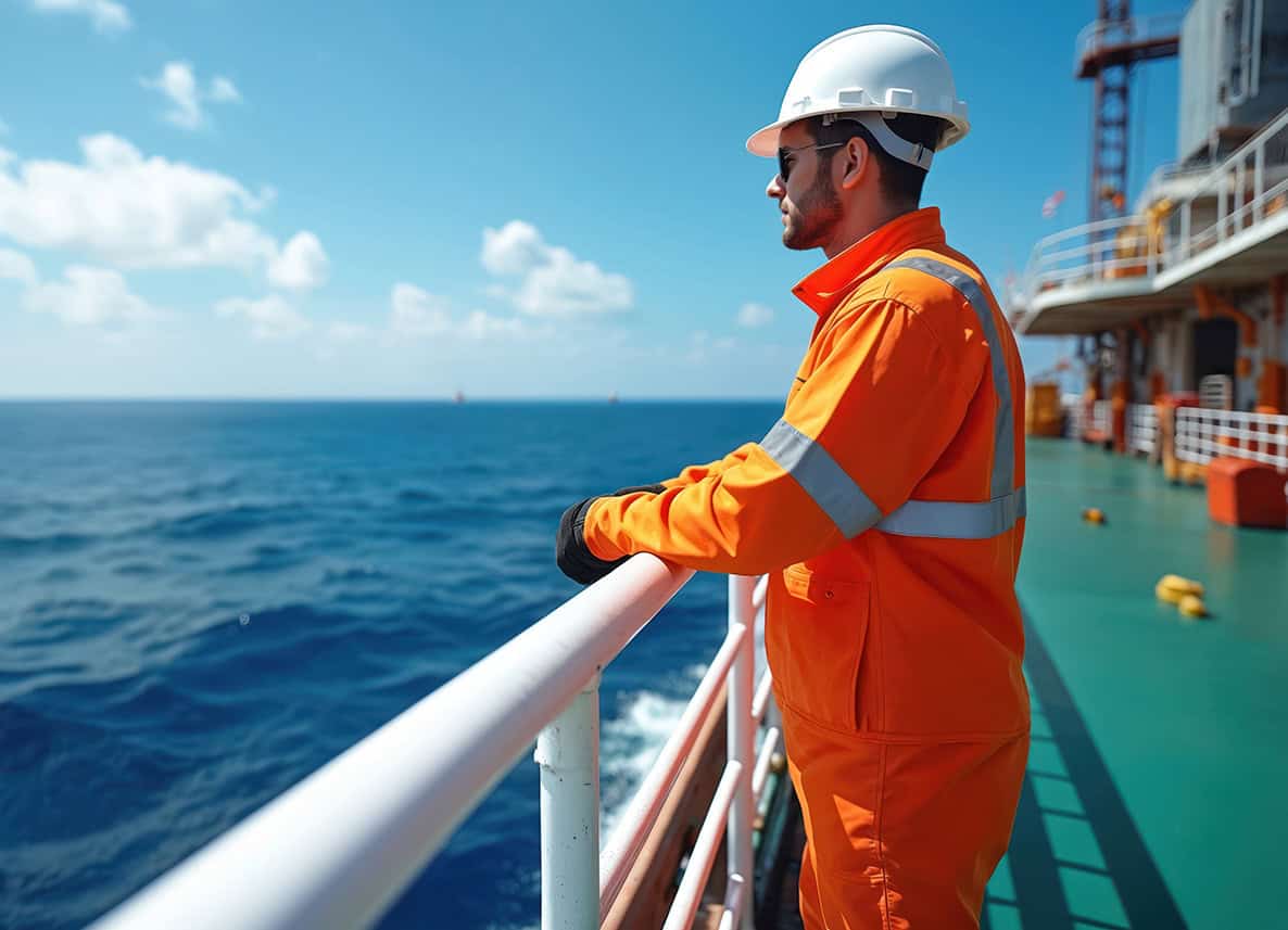 Seafarer with safety gear on a ship deck, ensuring health checks for international travel.