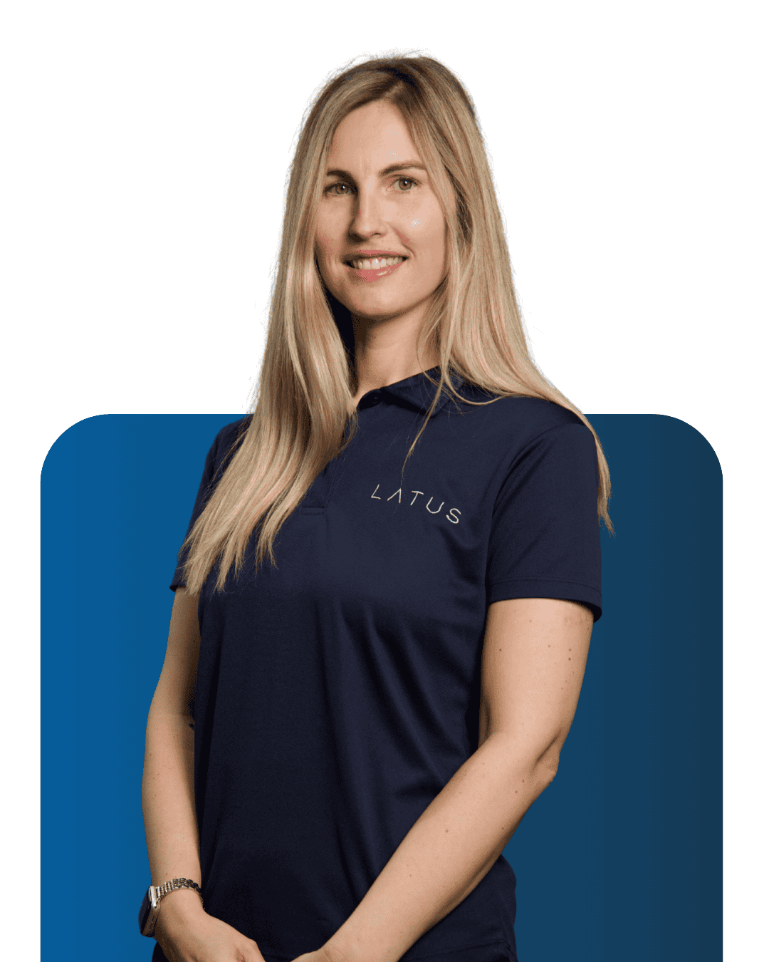 Professional woman in LATUS Group branded t-shirt smiling.