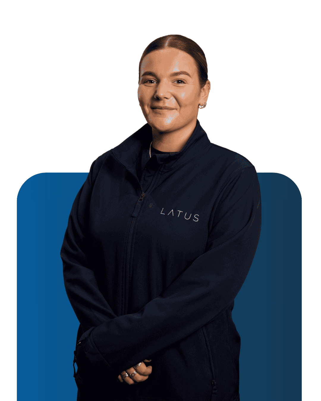 Professional woman in LATUS Group branded jacket for Meet the team.