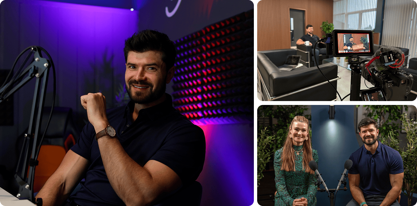 LATUS Podcast studio with host and guests recording audio.