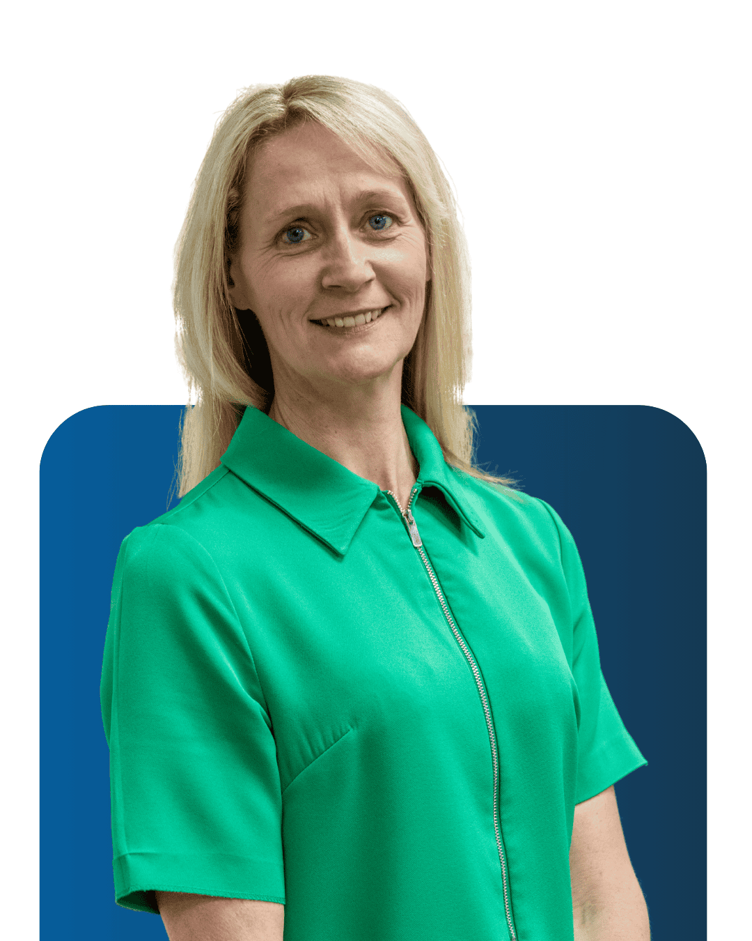 Professional woman in green uniform smiling, team member at LATUS Group.