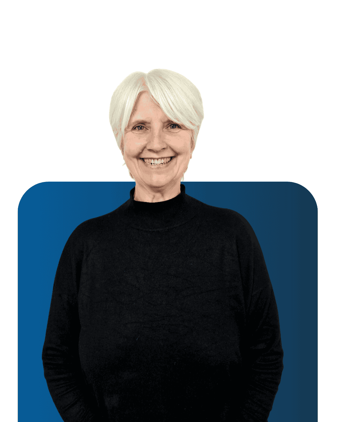 Senior professional smiling, wearing black, in front of a blue background.