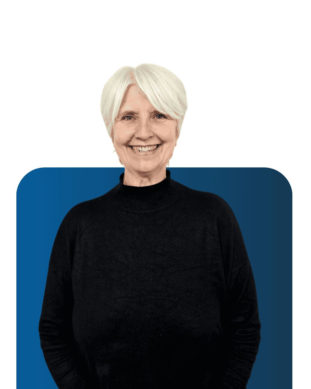 Senior professional smiling, wearing black, in front of a blue background.