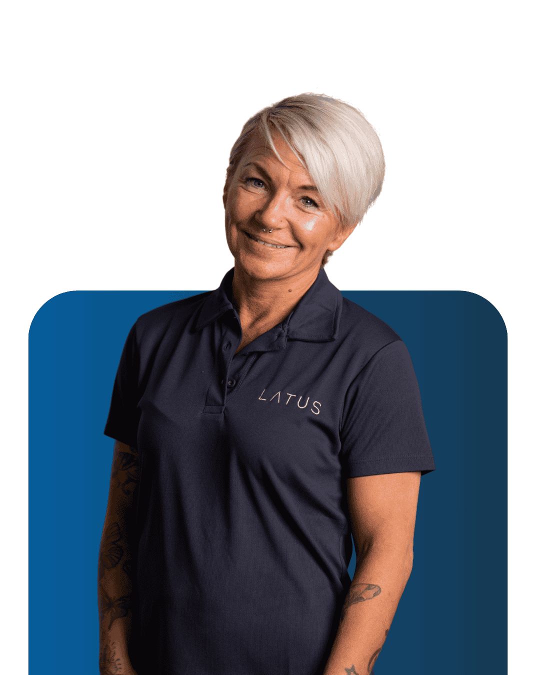 Professional woman in LATUS Group uniform smiling for the camera.