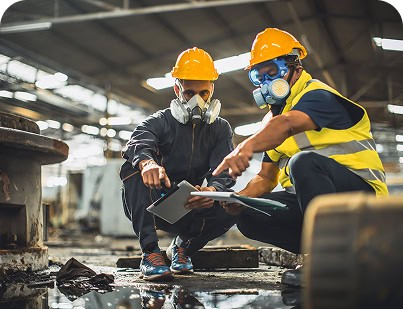 Industrial workers wearing safety gear inspecting equipment in factory.
