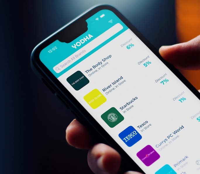 Mobile app screen showing YODHA shopping discounts and offers.