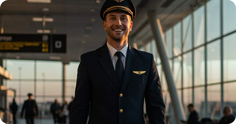 Airside medical professional in airport uniform smiling at the terminal.