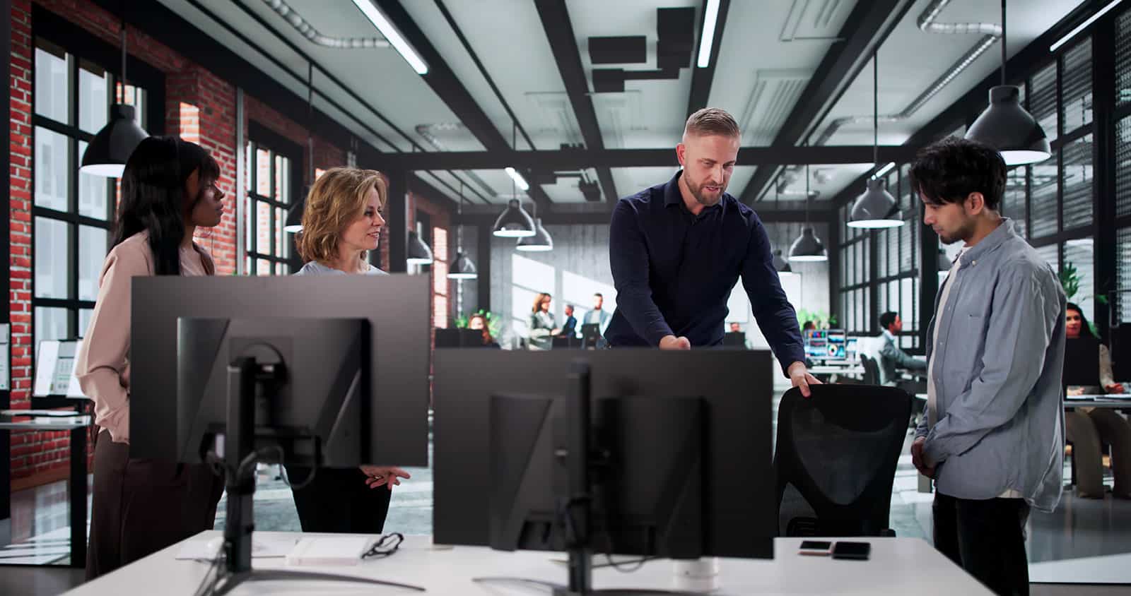 Business team discussing occupational health strategies in modern office.