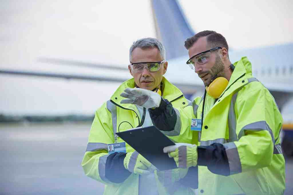 Aircraft maintenance safety inspection at airport.