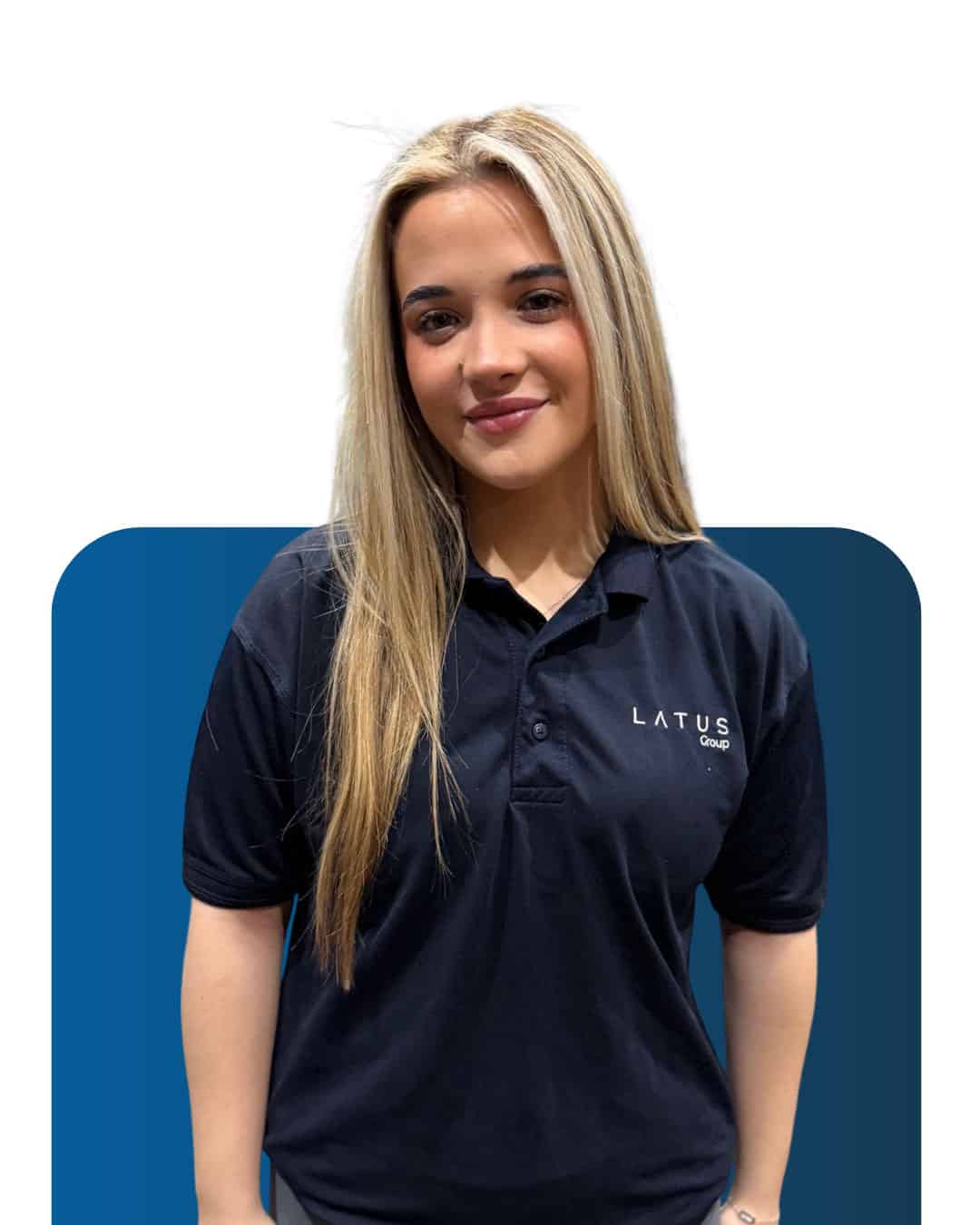Female physiotherapist in navy polo shirt with LATUS Group logo.