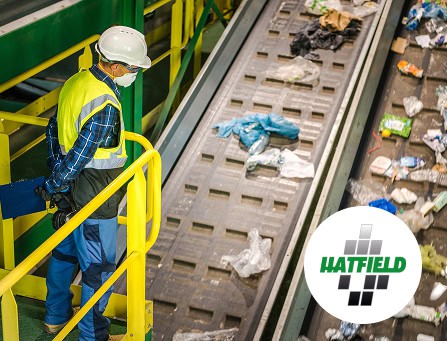 Worker inspecting waste conveyor system at recycling facility.